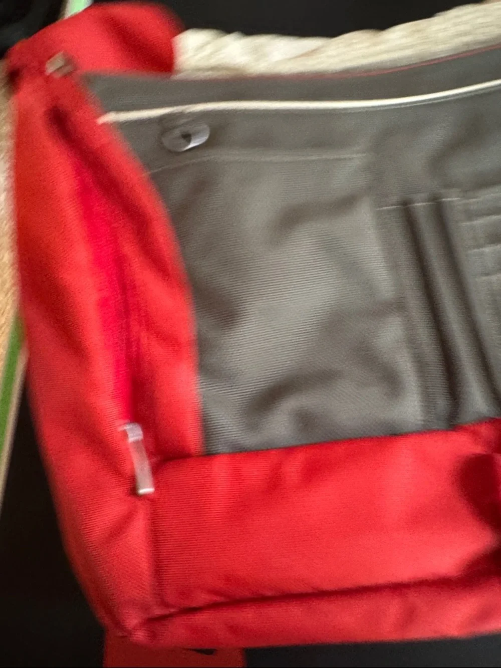 Tumi Red Messenger Bag with Gray Accent. Expandable. Laptop section.